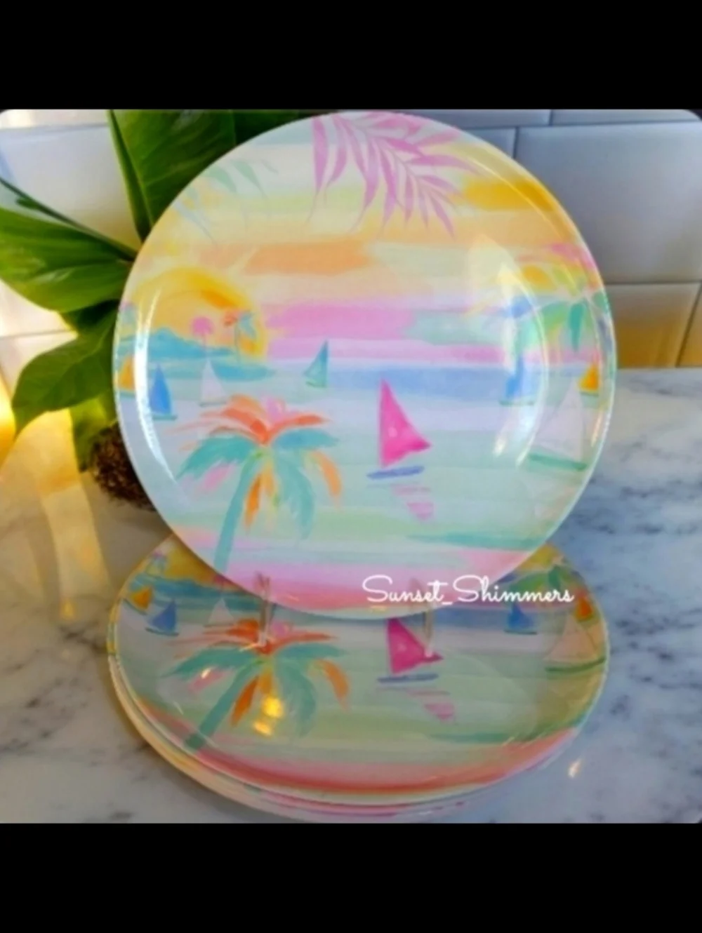 6 Tropical Beach Sailboat Sunset View Watercolor Palm Melamine Dinner Plate Set